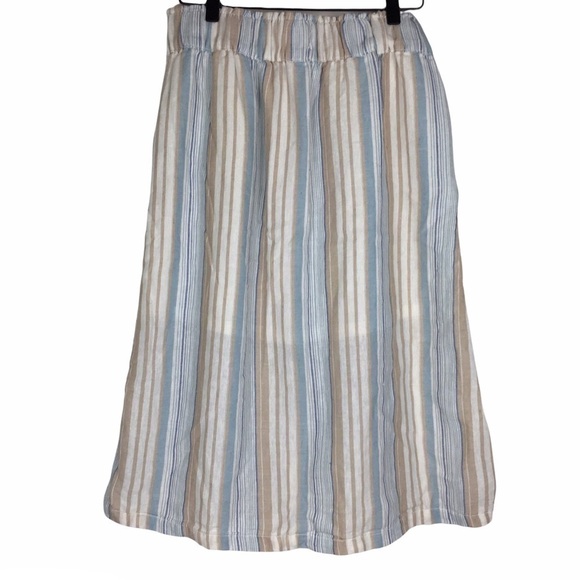 DASH Linen Blend Skirt Stripe Print Button Tie Waist Minimalist Modest Small - Picture 3 of 8